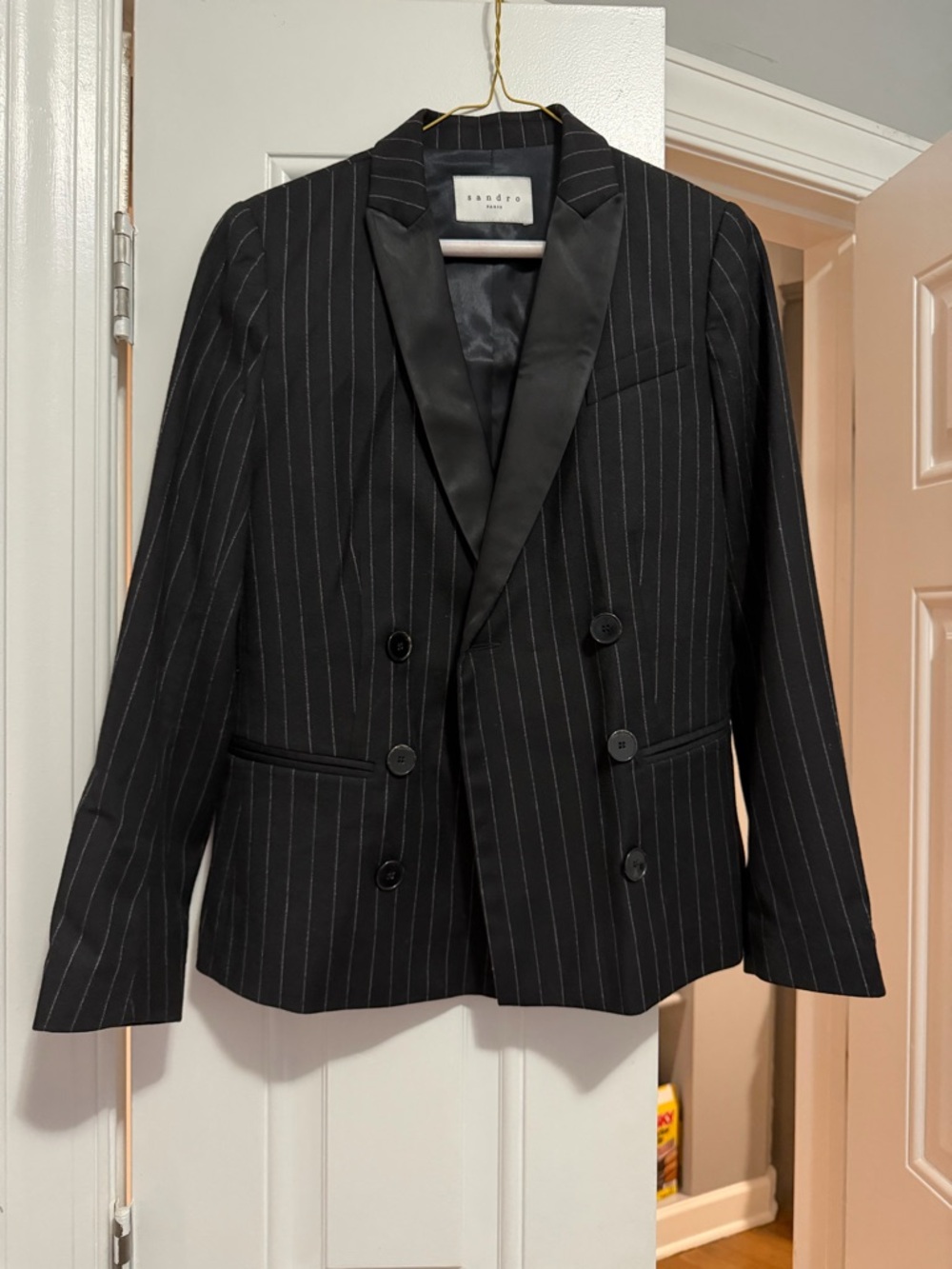 Sandro Black Pinstripe Satin-Lapel Double-Breasted Blazer size 36